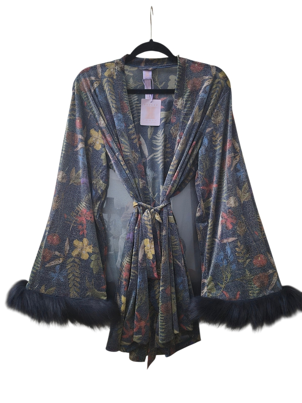 💕Savage X Fenty Floral Velvet Robe with Faux Fur Cuffs - Navy Multi -Size M/L💕